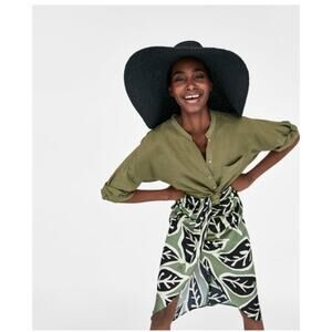 Zara Leaf Print Midi Skirt Women’s L 10 Resort Boho Olive Green